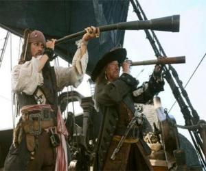 пазл Капитан пиратского корабля смотрят другое судно с телескопом